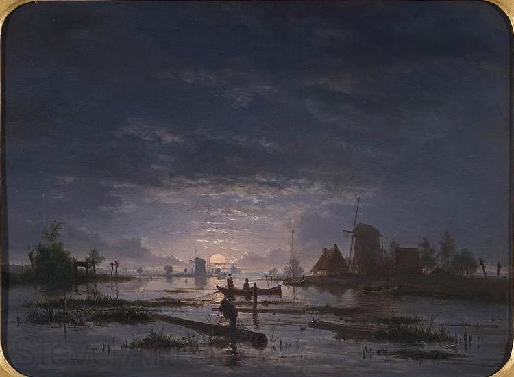 Jacob Abels An Extensive River Scene with Fishermen at Night Germany oil painting art
